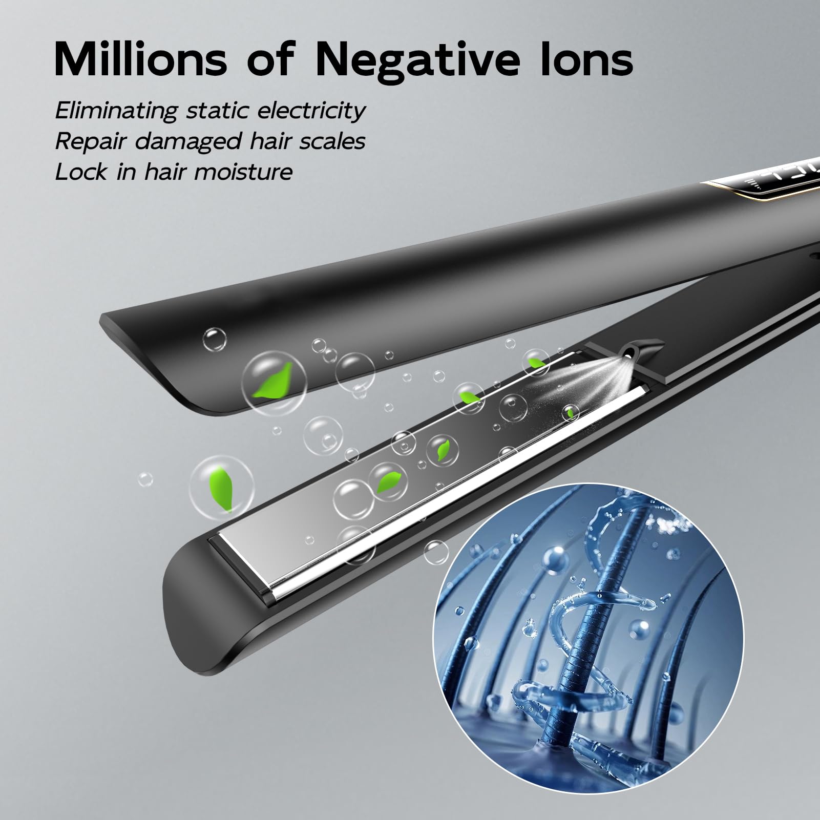 Nicebay 1in titanium flat iron 2in1 styling for straight and curled looks.