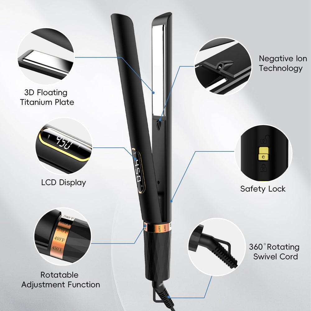Nicebay 1in titanium flat iron negative ion technology promotes shine and reduced static.