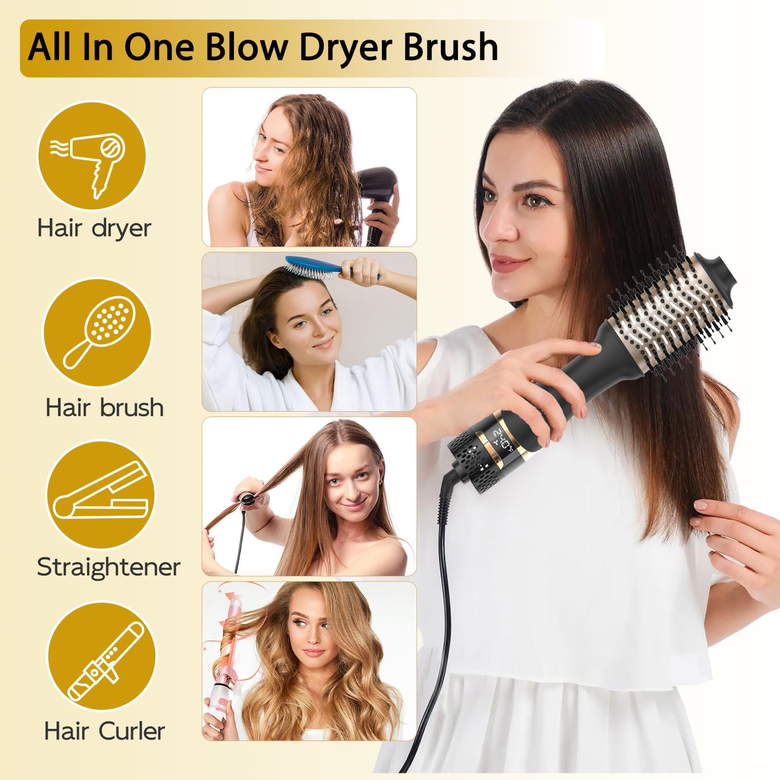 Nicebay hair dryer brush 3-settings display highlights airflow options for quick results