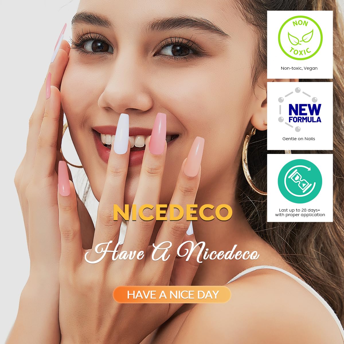 Nicedeco Cruelty-free vegan label on bottle signals ethical, eco-friendly polish.