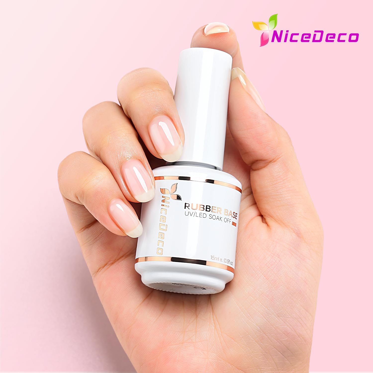 Nicedeco Thick rubber base image emphasizes nail-strengthening coverage for thin nails.
