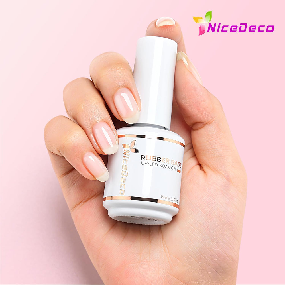 Nicedeco Thick rubber base image emphasizes nail-strengthening coverage for thin nails.