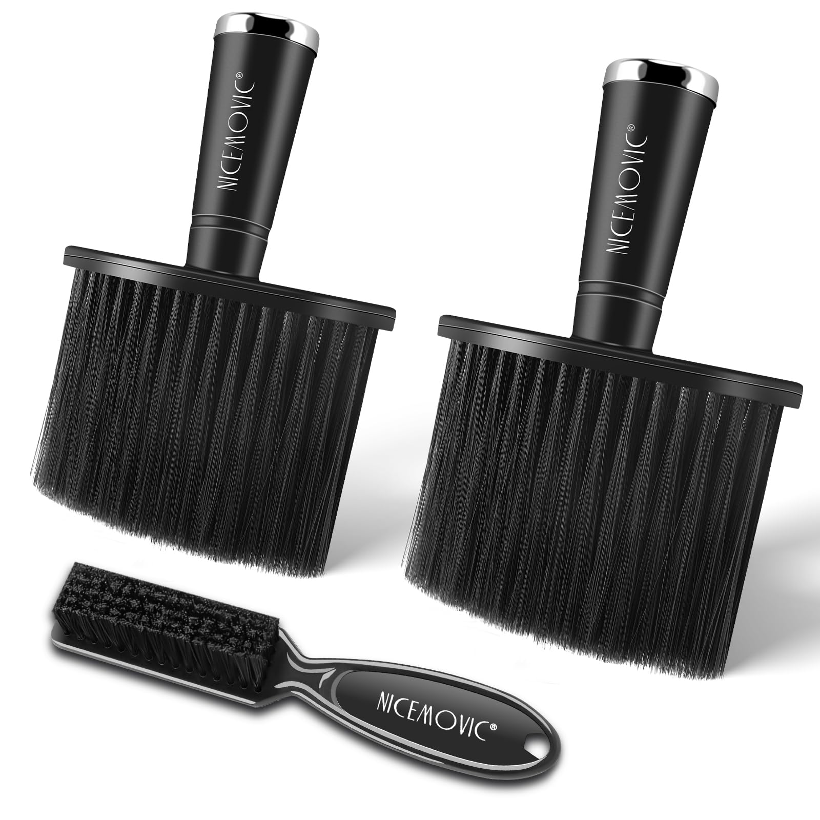 NICEMOVIC 3Pcs Barber Neck Duster pack shows wide-bristle brush for gentle ear and collar cleaning.