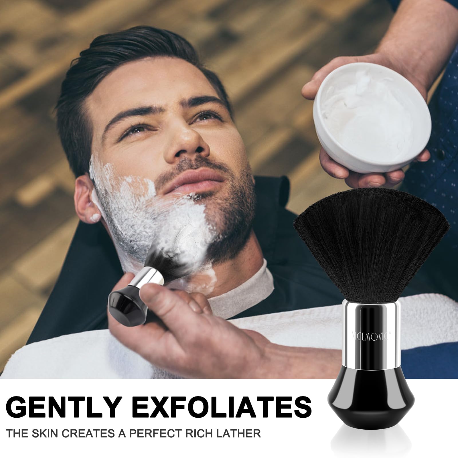 NICEMOVIC barber brush for haircutting in use to remove stray hair during styling.