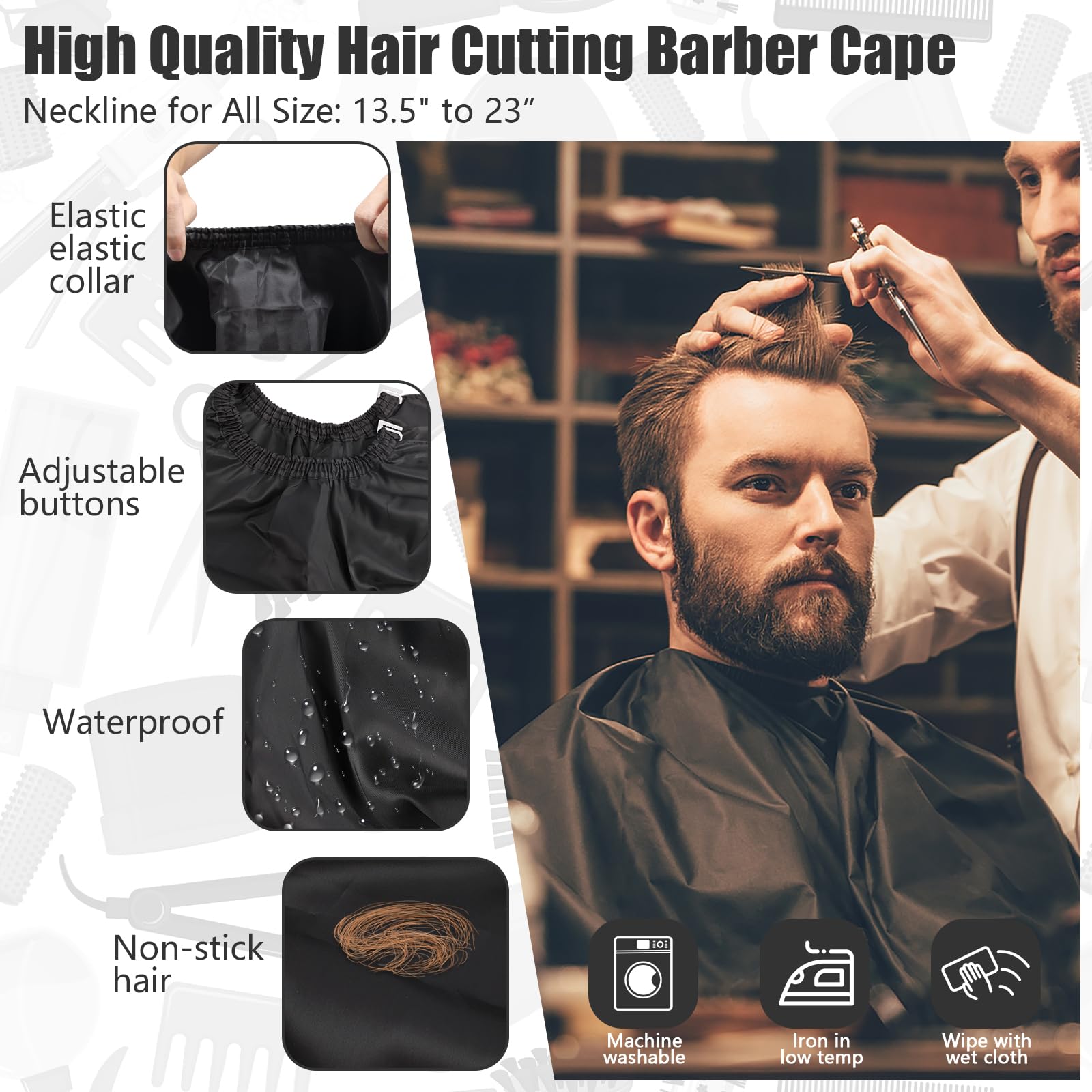 NICEMOVIC barber cape laid flat at 57 by 46 inches for full coverage