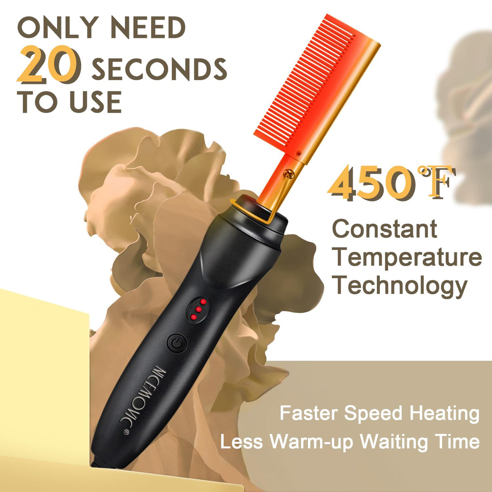 NICEMOVIC hot comb close-up shows ceramic heat distribution for smooth results.