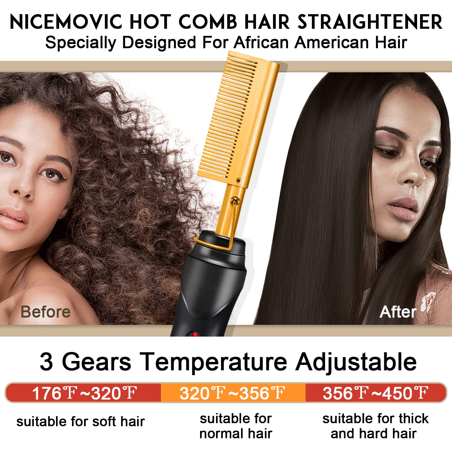 NICEMOVIC straightener glides for shiny, smooth hair.