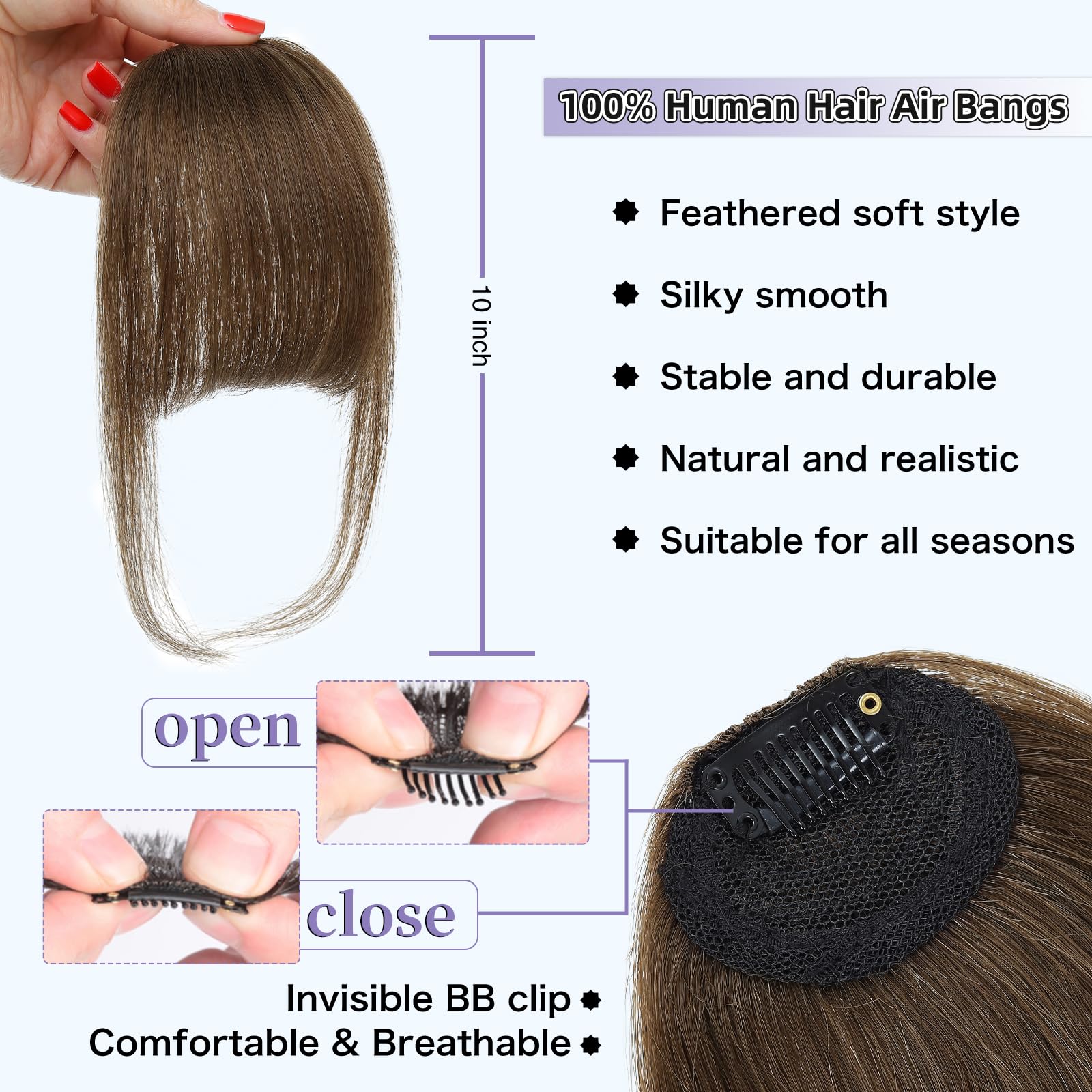 Niceone Hair brown feathered fringe close-up highlights soft layers for versatile styling.