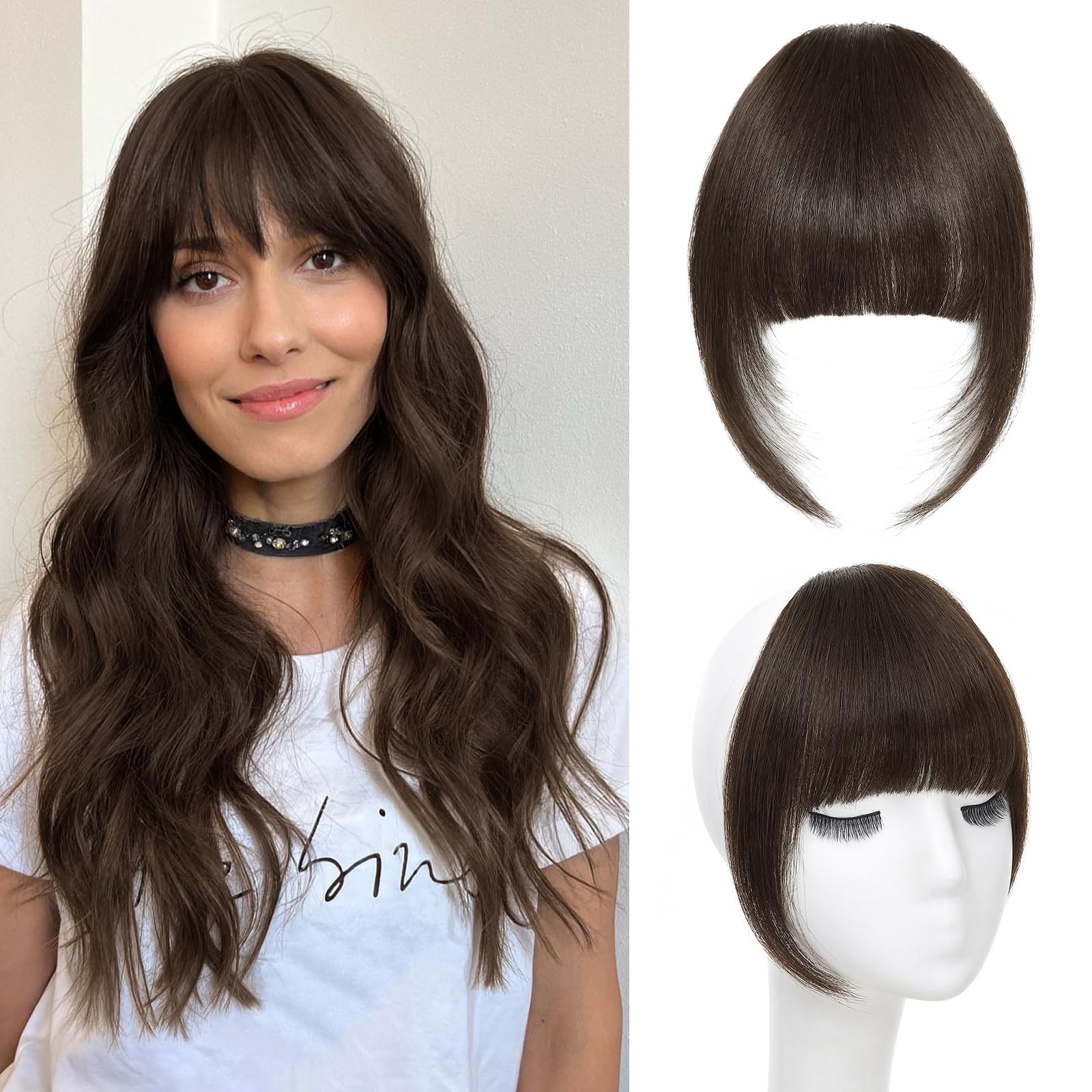 Niceone Hair clip-in bangs dark brown close-up shows natural blend.