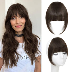 Niceone Hair clip-in bangs dark brown close-up shows natural blend.