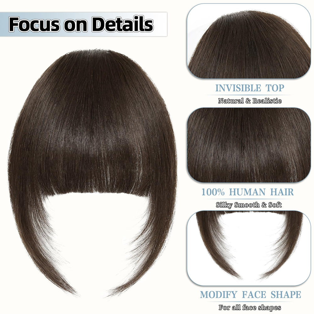 Niceone Hair clip-in bangs color-match dark brown, easy to trim or reshape.