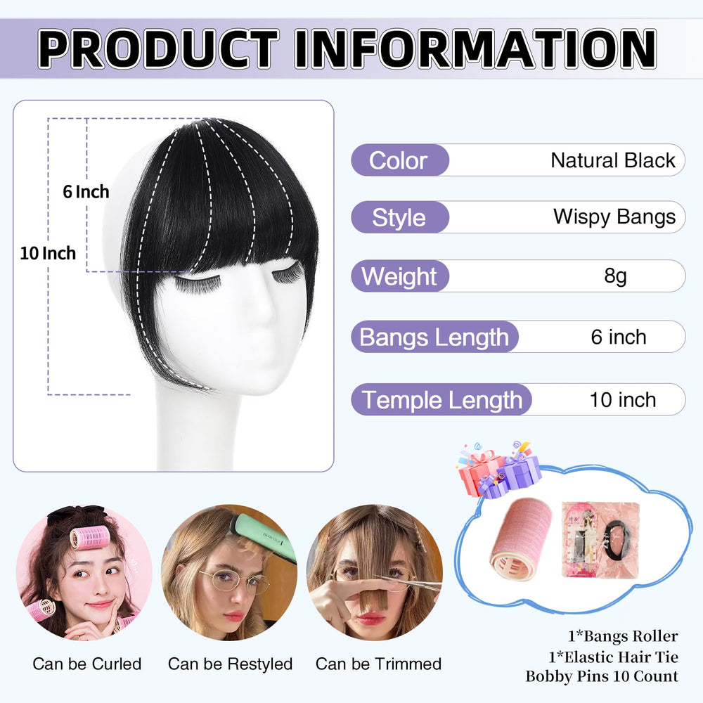Niceone Hair natural black bangs on model highlight blended fringe for daily styling.