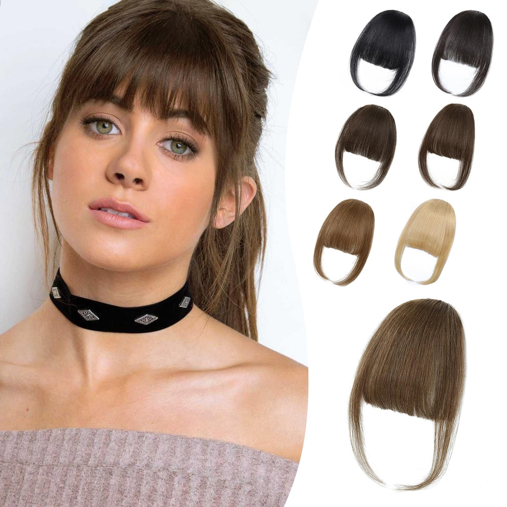 Niceone Hair wispy bangs clip-in brown fringe close-up shows natural blend for daily wear.