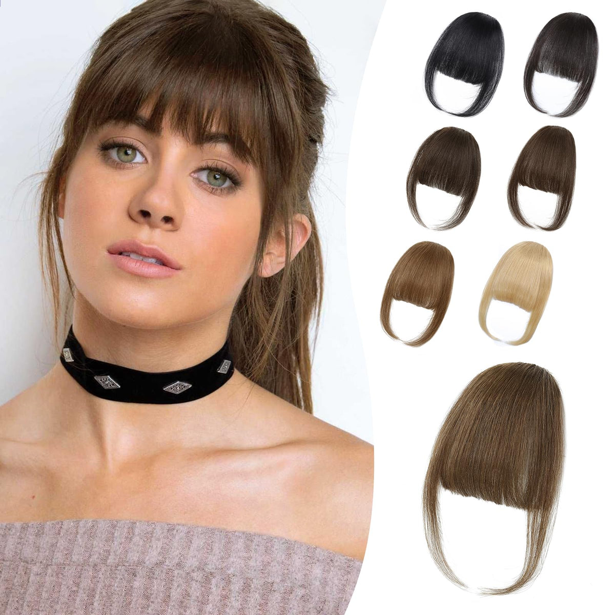 Niceone Hair wispy bangs clip-in brown fringe close-up shows natural blend for daily wear.