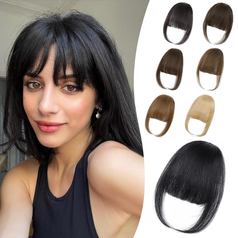 Niceone Hair wispy bangs clip-on closeup shows seamless attachment for natural look.