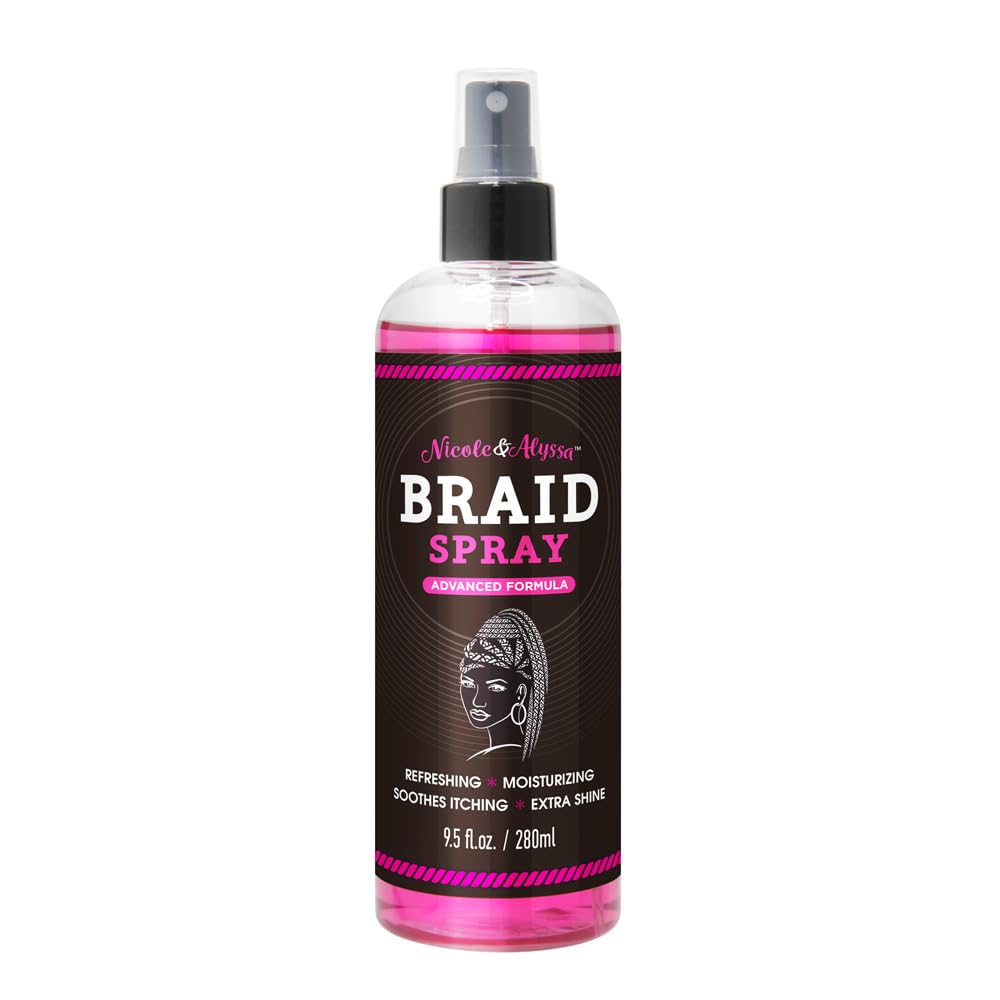 Nicole & Alyssa braid spray bottle front view highlighting hydration for braids.