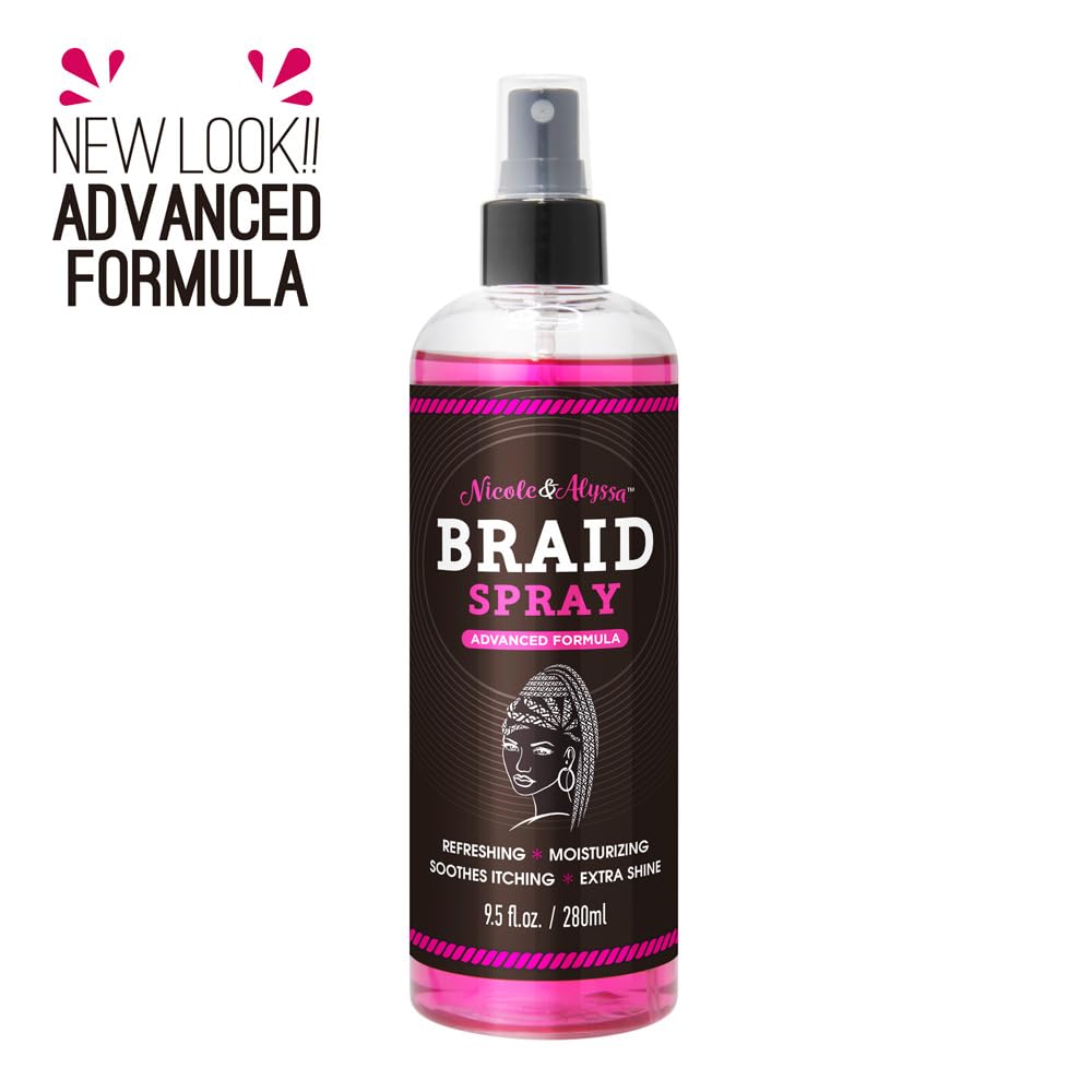Nicole & Alyssa braid spray bottle label close-up showing soothing oils.