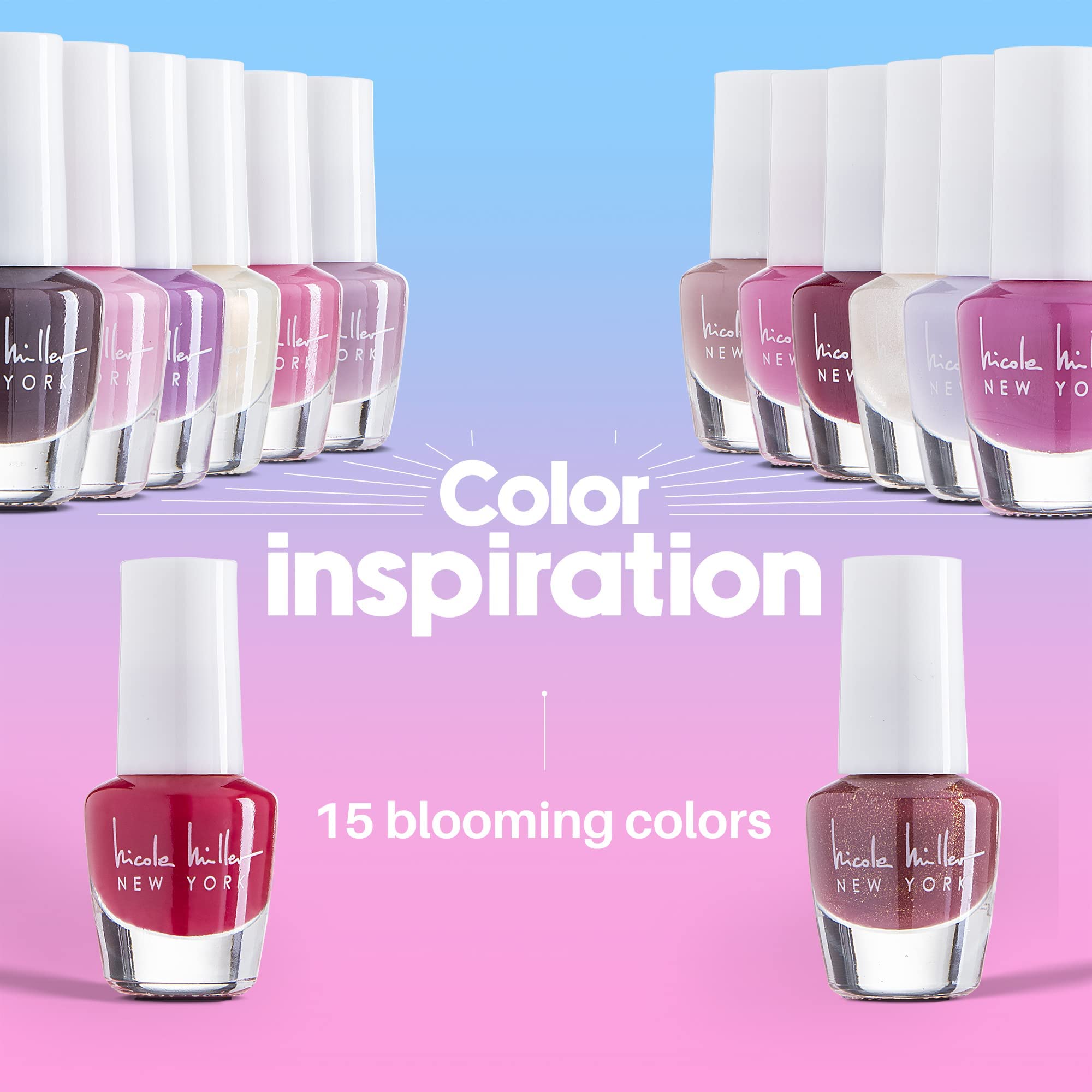Nicole Miller New York mini nail polish set on nails shows elegant manicure.