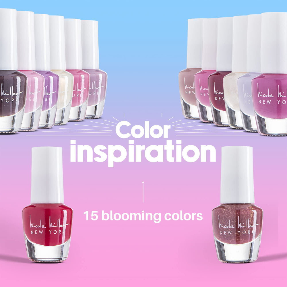 Nicole Miller New York mini nail polish set on nails shows elegant manicure.