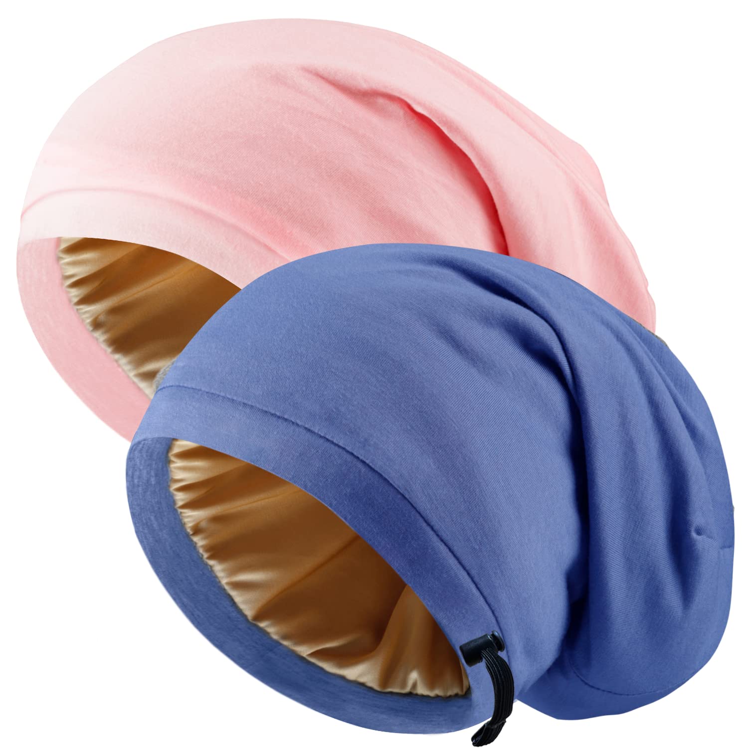 NICPOO Silk Satin Bonnet two-pack on pillow for overnight hair protection.