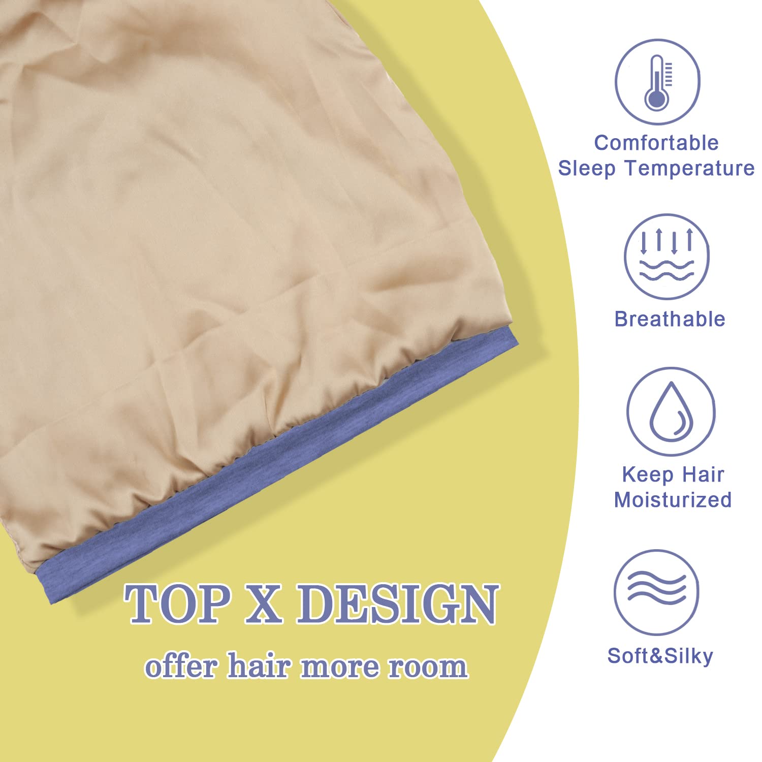NICPOO Silk Satin Bonnet lining closeup highlights smooth hair glide and reduced friction.