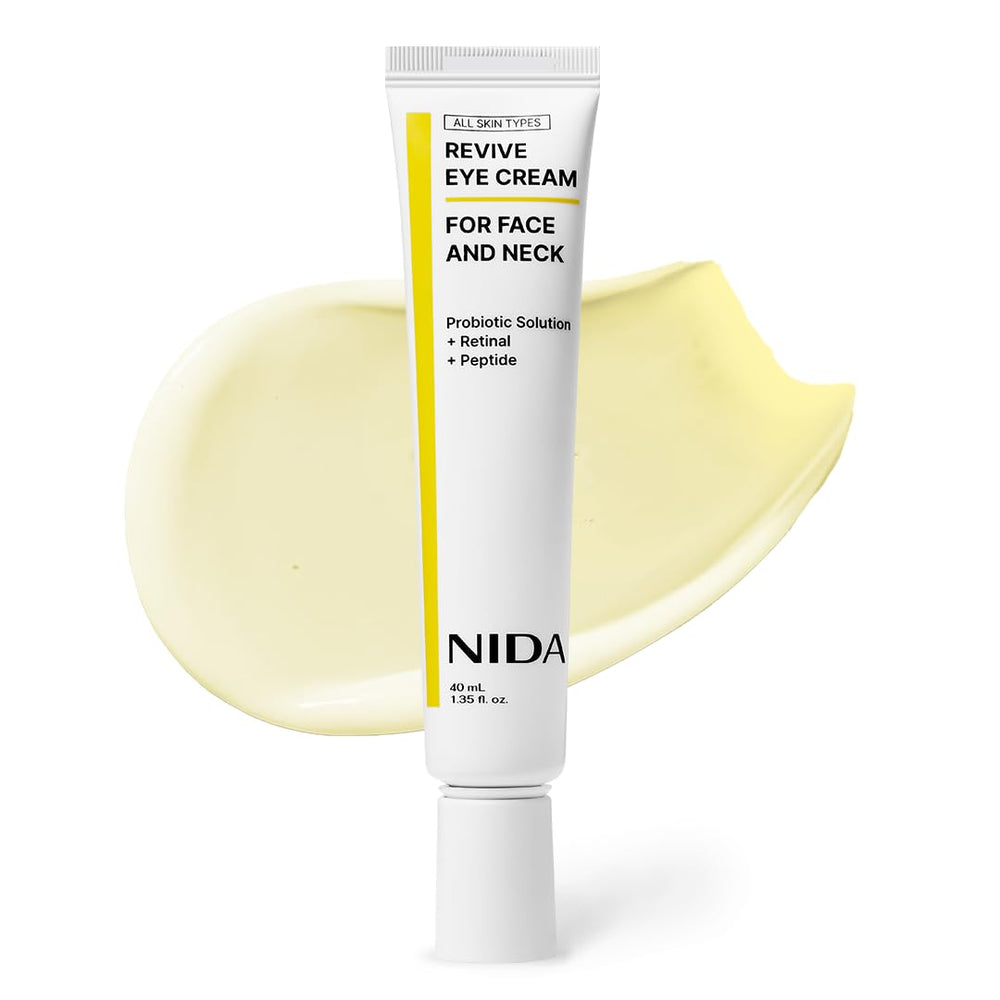 NIDA Revive eye cream bottle closeup showing smooth texture for radiant skin