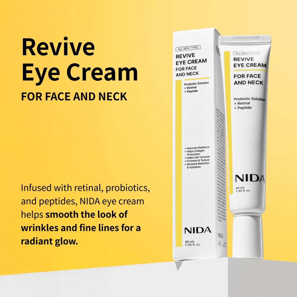 NIDA Revive eye cream texture closeup highlights probiotic formula for balanced skin