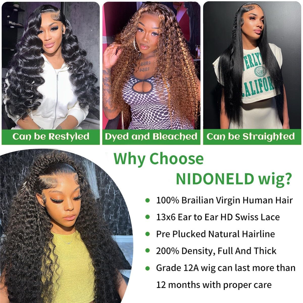 Nidoneld deep wave wig with baby hairs creates a natural hairline.