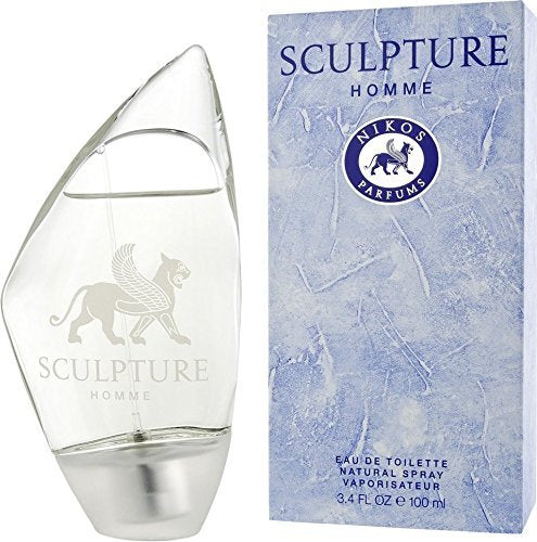 Nikos Sculpture Homme bottle closeup highlights premium glass and clean lines.