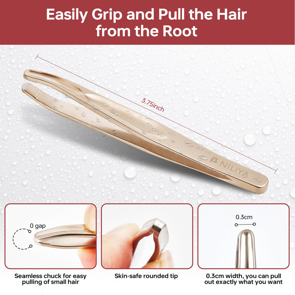 NILIYA Beard Tweezers showing skin-safe tip for comfortable grooming on sensitive areas