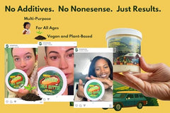 Nimba Foods multi-tasking formula applied to skin, hair, and lips for hydration.