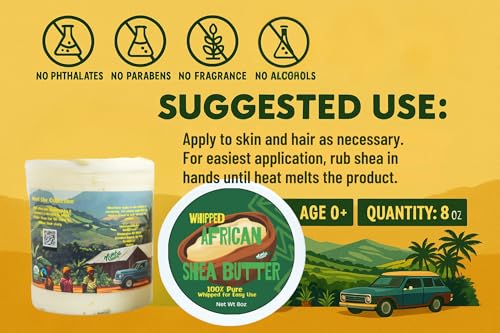 Nimba Foods unrefined shea butter vitamins highlight natural A and E for nourished skin.