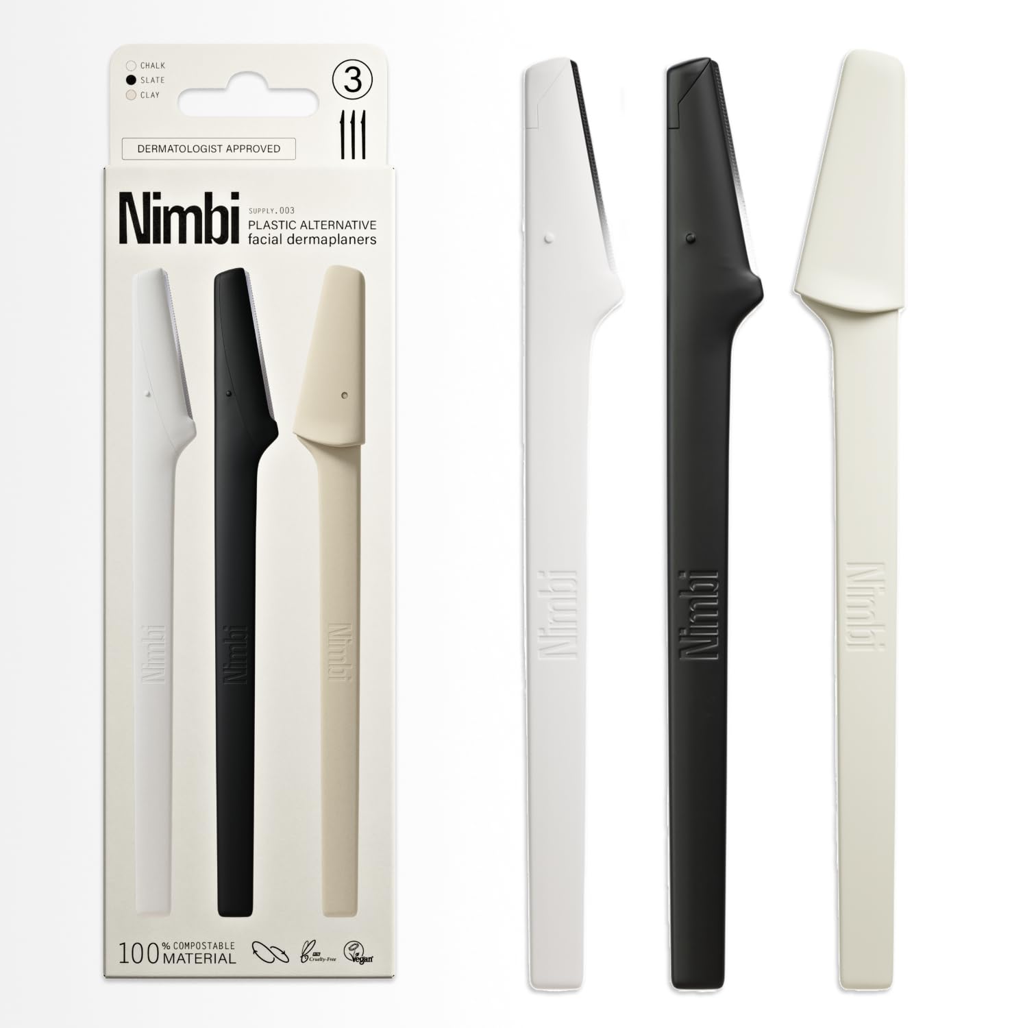 Nimbi Dermaplaner Razor with double-guarded blade for gentle peach fuzz removal.