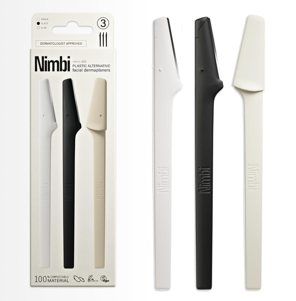 Nimbi Dermaplaner Razor with double-guarded blade for gentle peach fuzz removal.