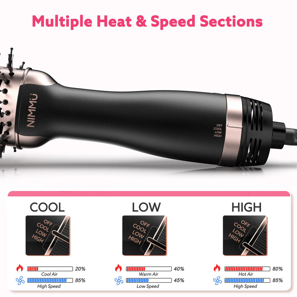Nimmu hair dryer brush oval-barrel showcases volumizing styling for fuller-looking hair