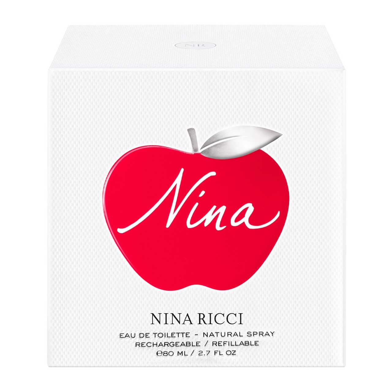 Nina Ricci Nina fragrance outer packaging box emphasizes candy apple aesthetic.
