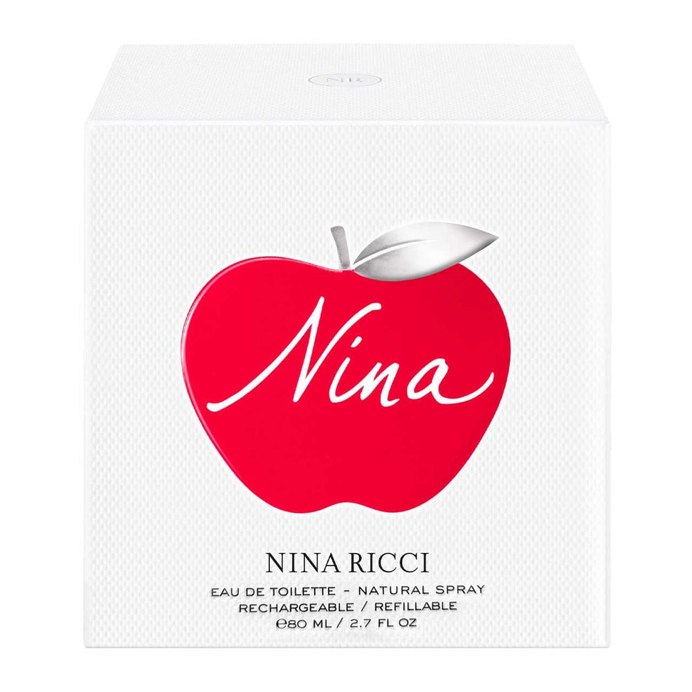 Nina Ricci Nina fragrance outer packaging box emphasizes candy apple aesthetic.