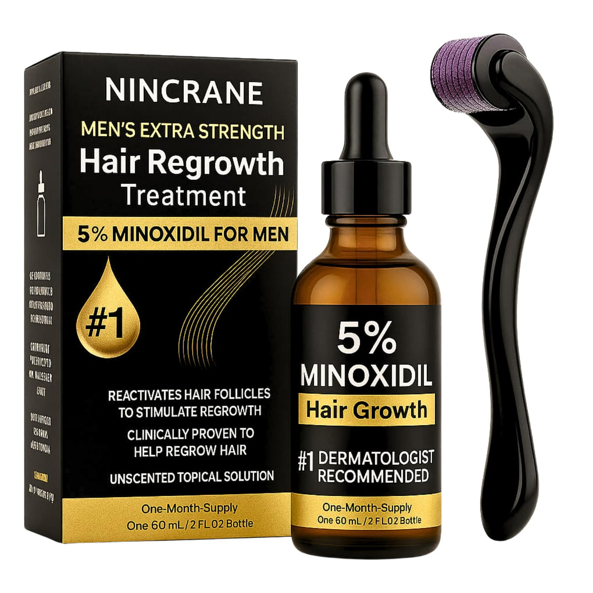 Nincrane Minoxidil 5% bottle front for scalp and beard application.