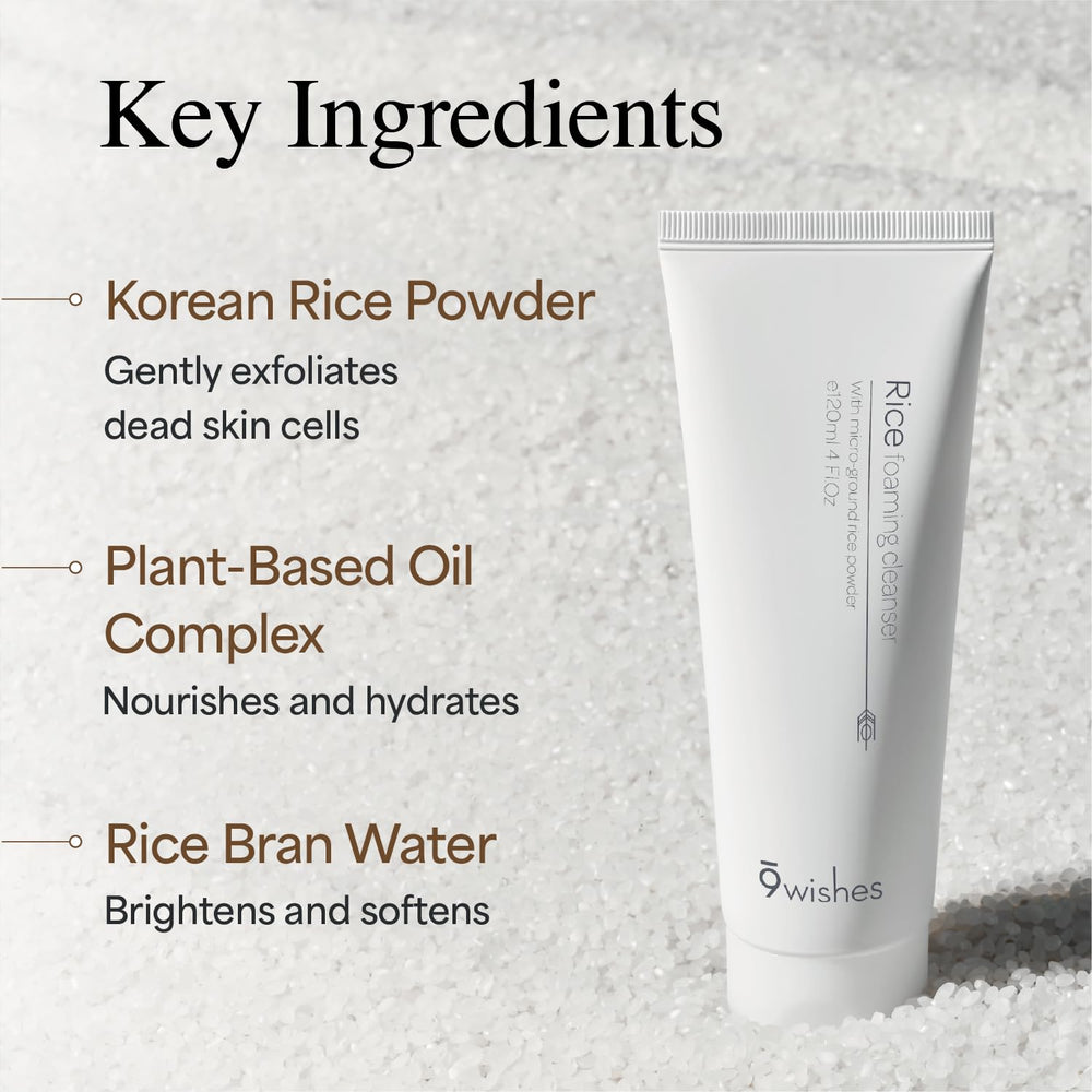 9 Wishes rice bran water ingredient emphasizes skin hydration and softness.