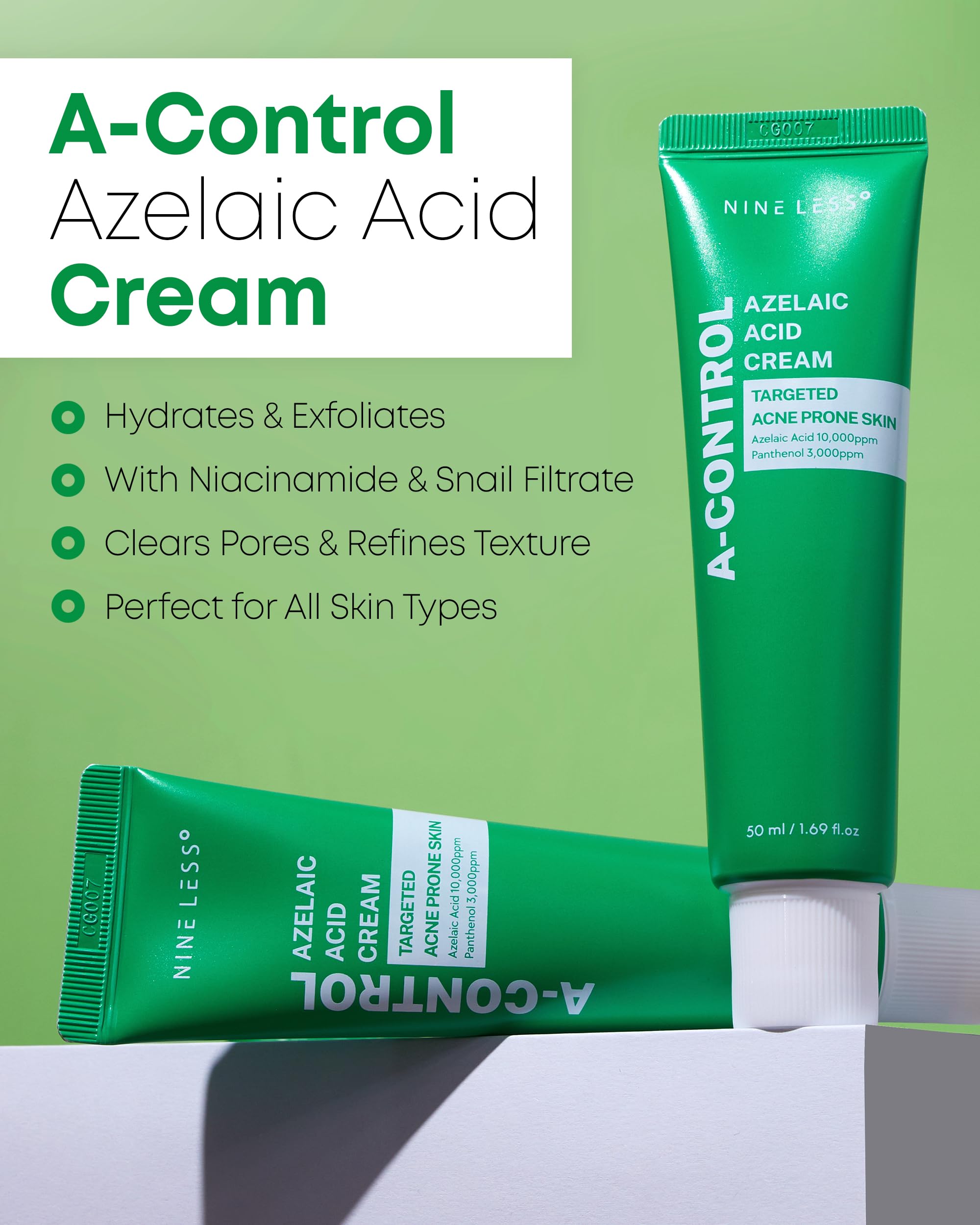 NINELESS A-Control Azelaic Cream application swatch shows quick absorption for daily use.