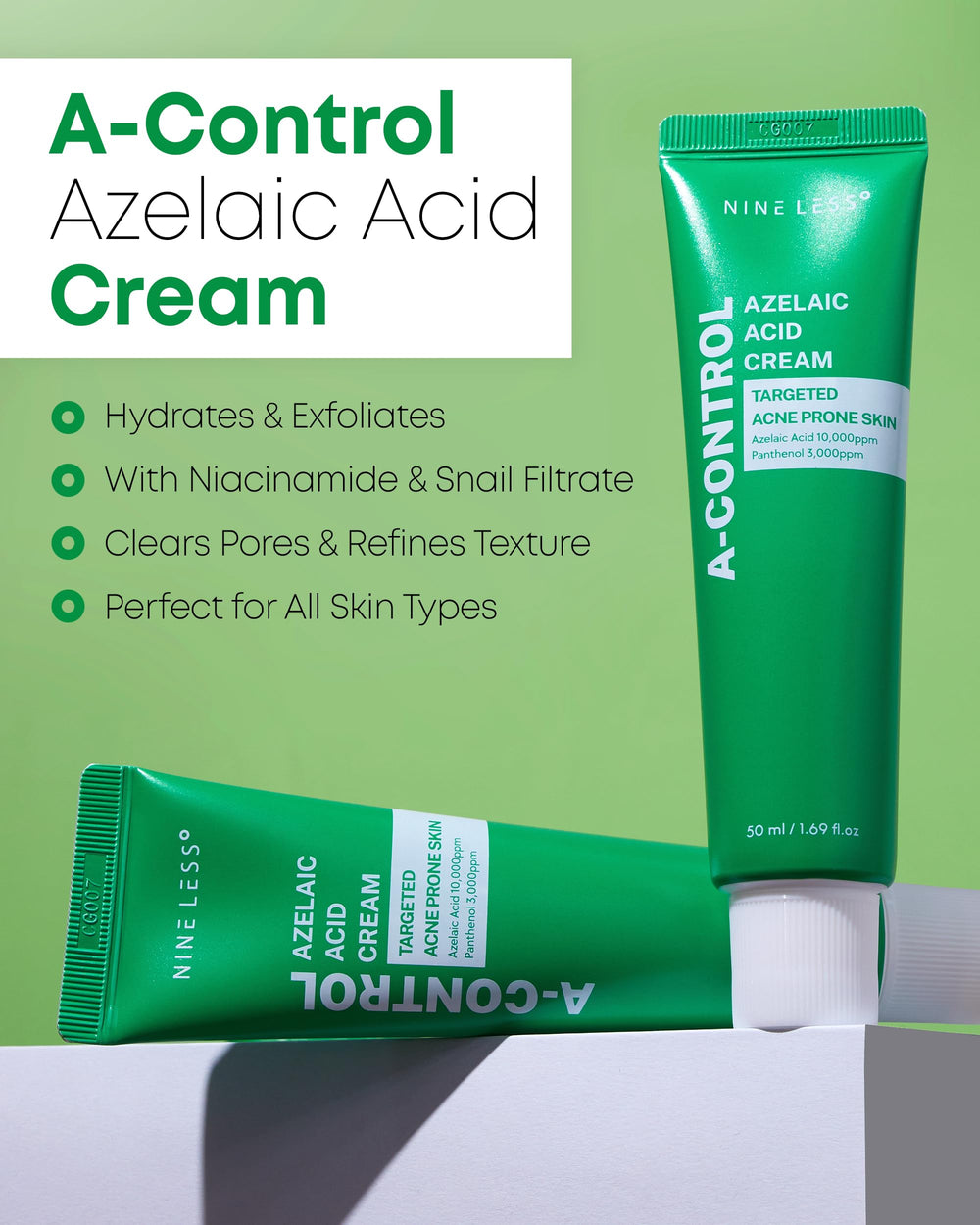 NINELESS A-Control Azelaic Cream application swatch shows quick absorption for daily use.