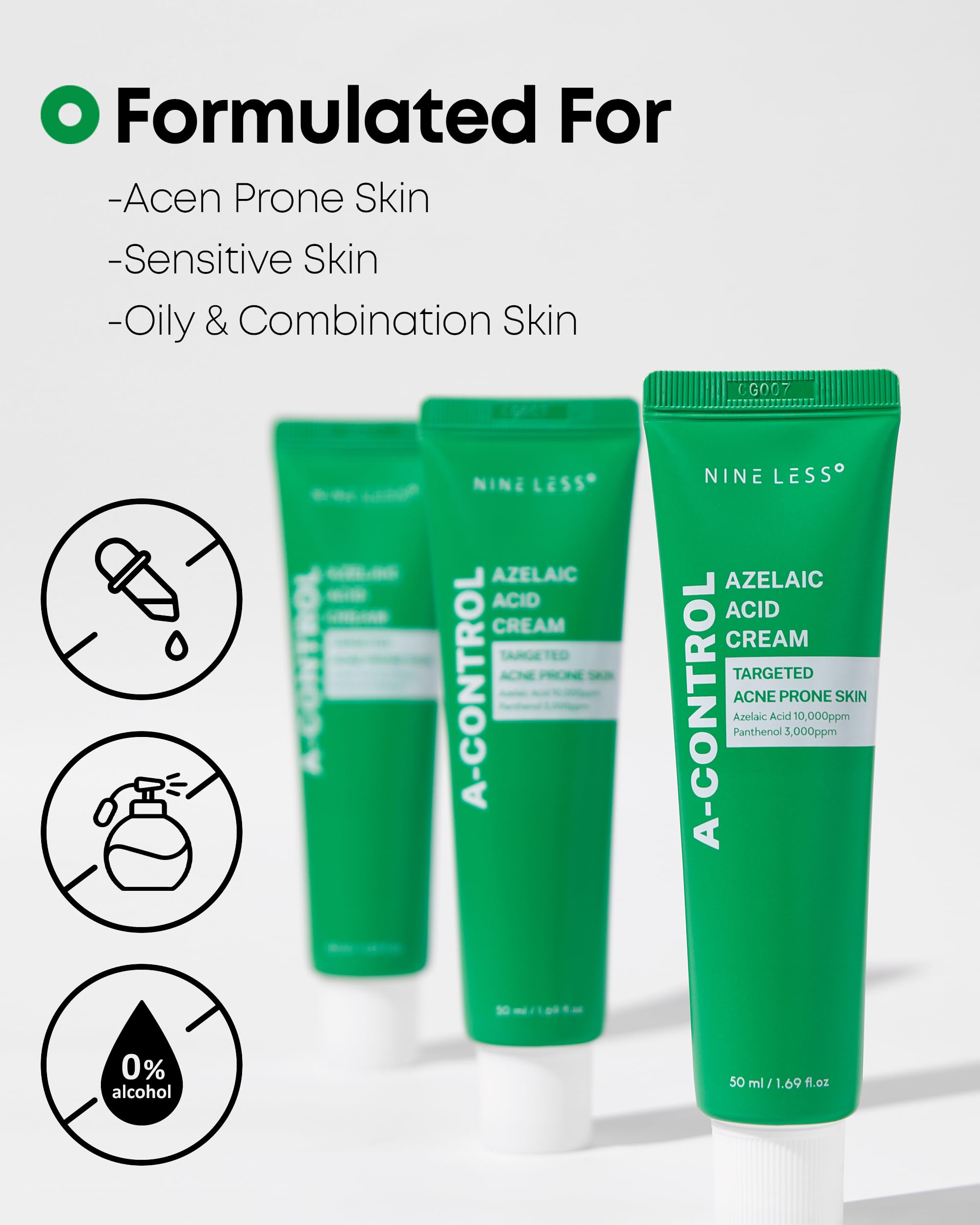 NINELESS A-Control Azelaic Cream targets blemish-prone areas with gentle calming action.