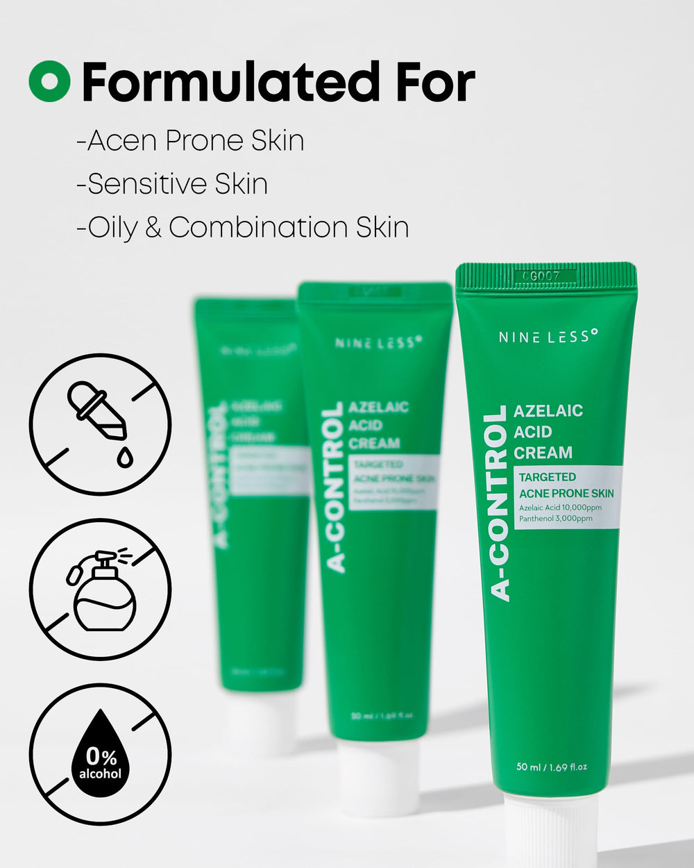NINELESS A-Control Azelaic Cream targets blemish-prone areas with gentle calming action.