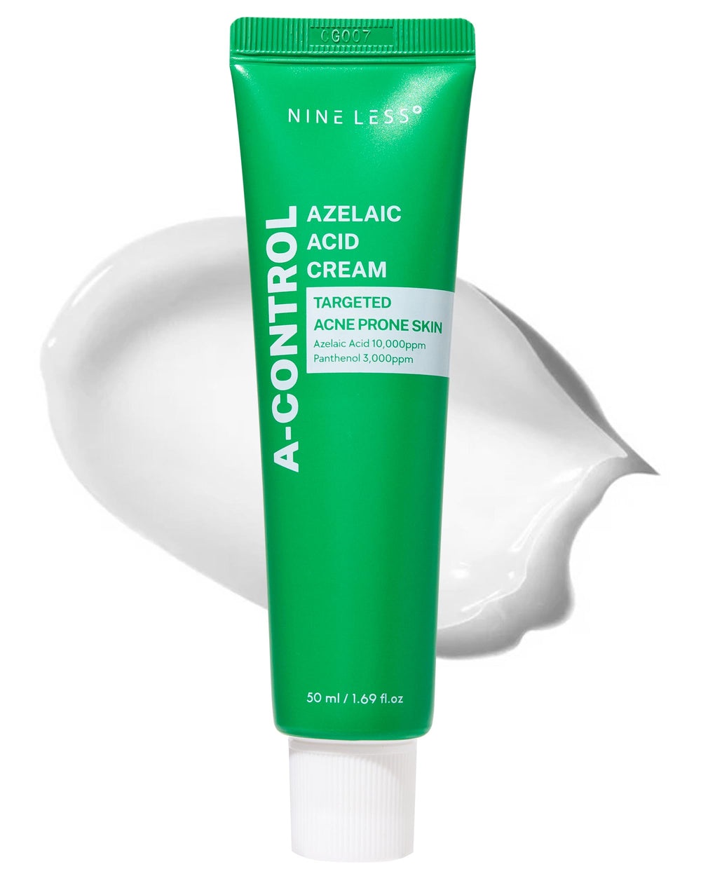 NINELESS A-Control Azelaic Cream bottle closeup demonstrates smooth texture for even skin tone.
