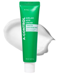 NINELESS A-Control Azelaic Cream bottle closeup demonstrates smooth texture for even skin tone.