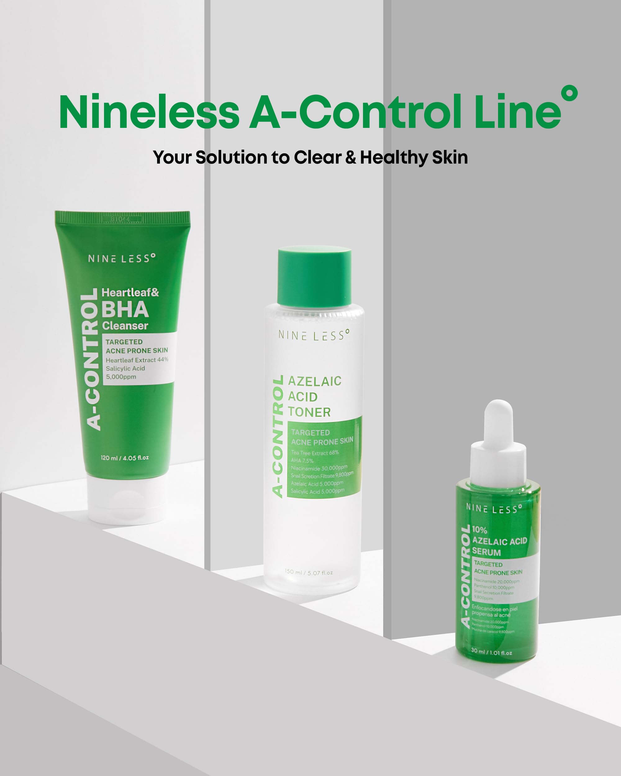 NINELESS Azelaic Acid Toner bathroom shelf display signals refreshing skincare ritual