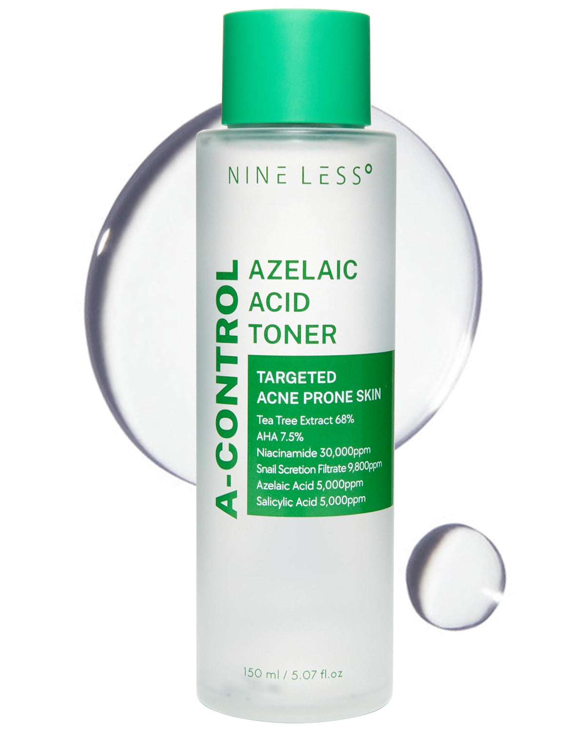 NINELESS Azelaic Acid Toner bottle closeup for gentle exfoliation and smoother skin