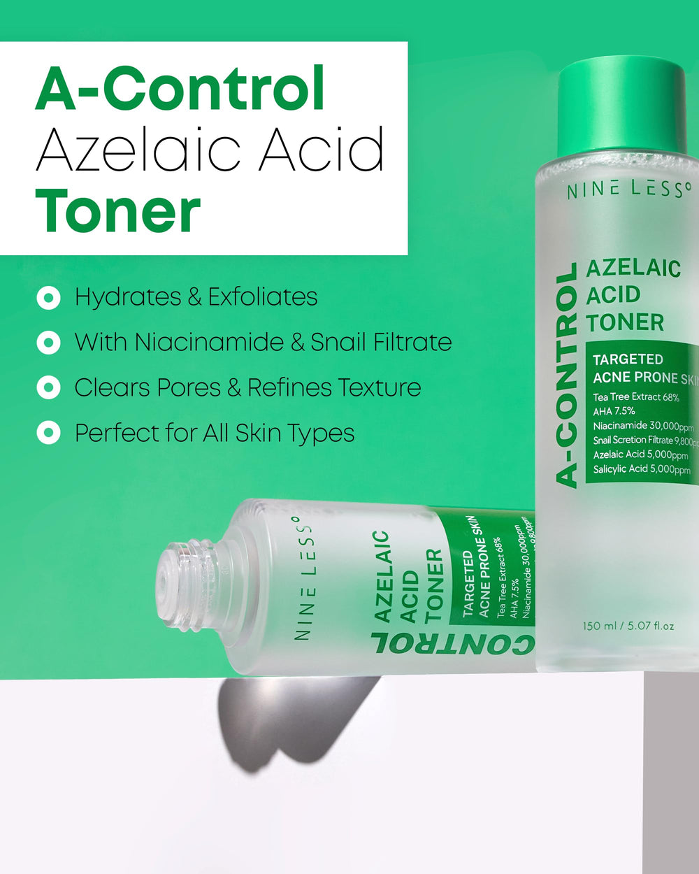 NINELESS Azelaic Acid Toner packaging box shows clean skincare for acne prone skin