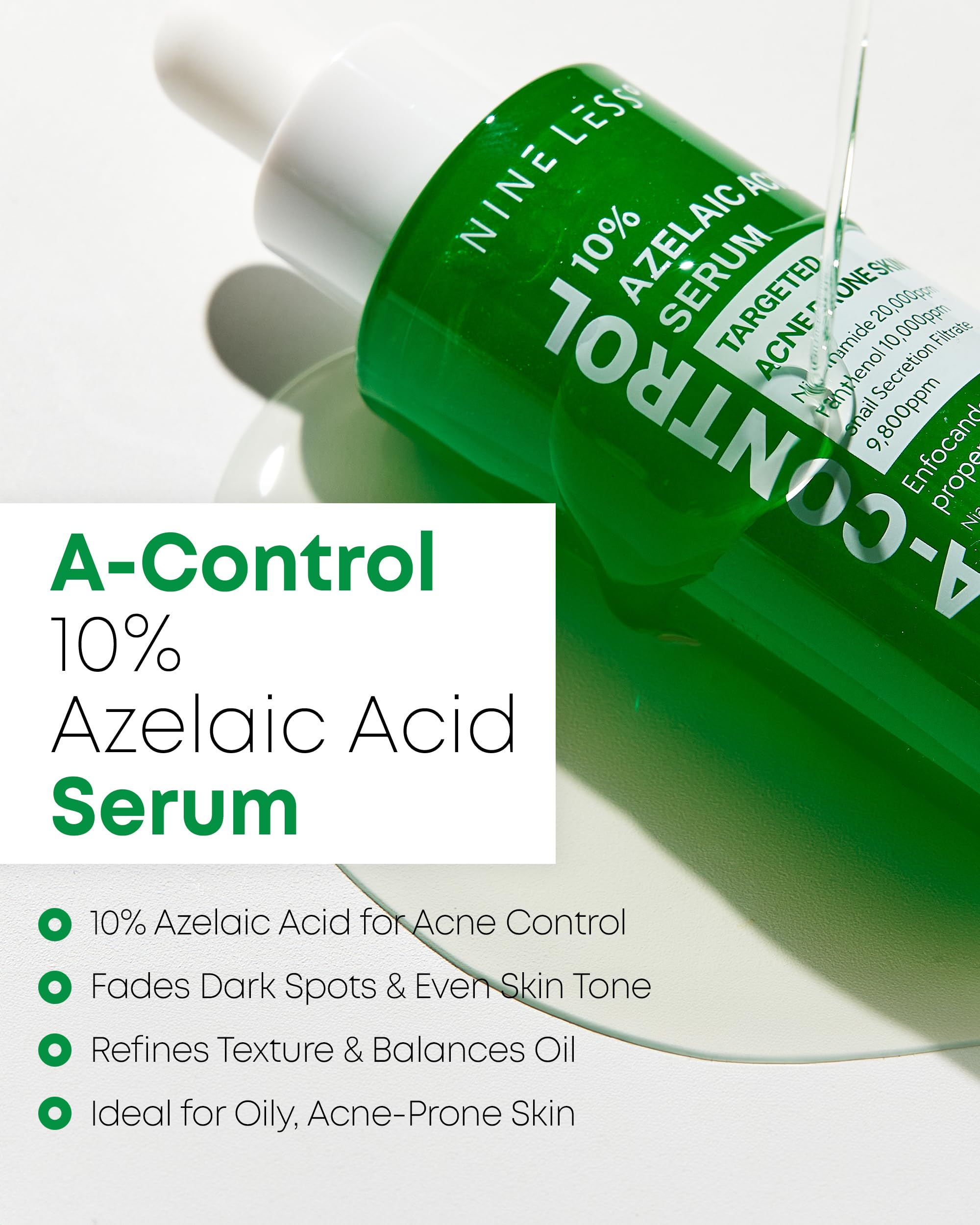 NINELESS A-Control serum on the face for soothing redness relief.