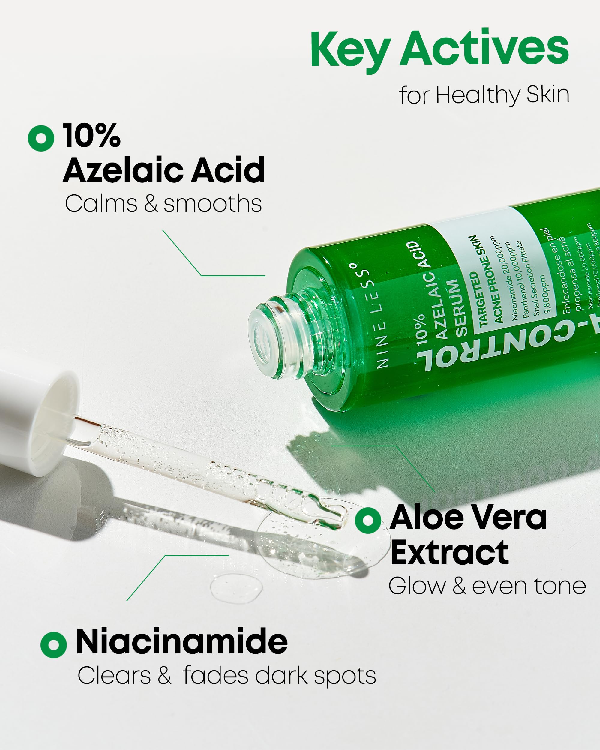 NINELESS A-Control serum imagery emphasizing daily acne prevention and oil control.